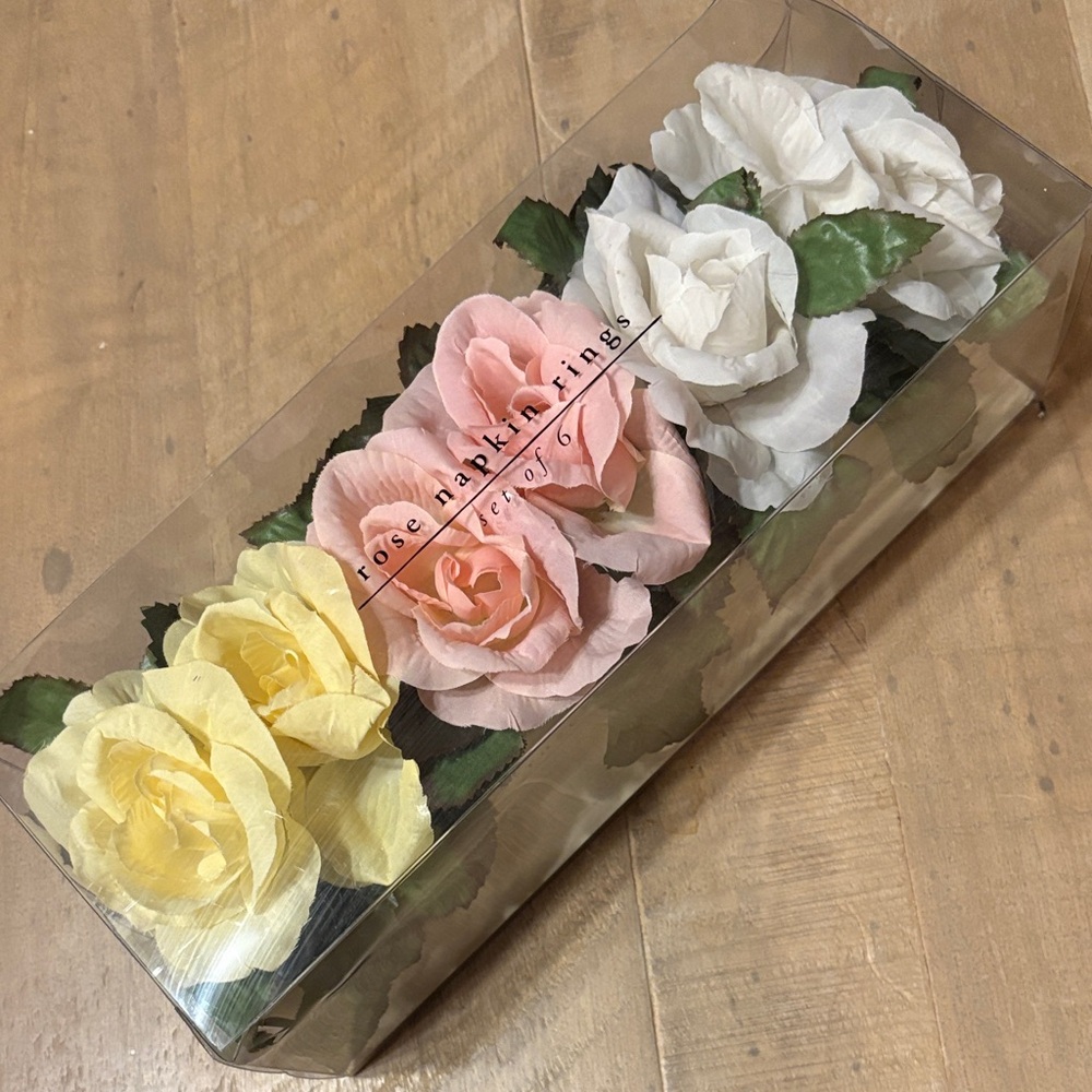 Pier 1 Floral Napkin Rings Set of 6 Roses Yellow Pink & White NWT
